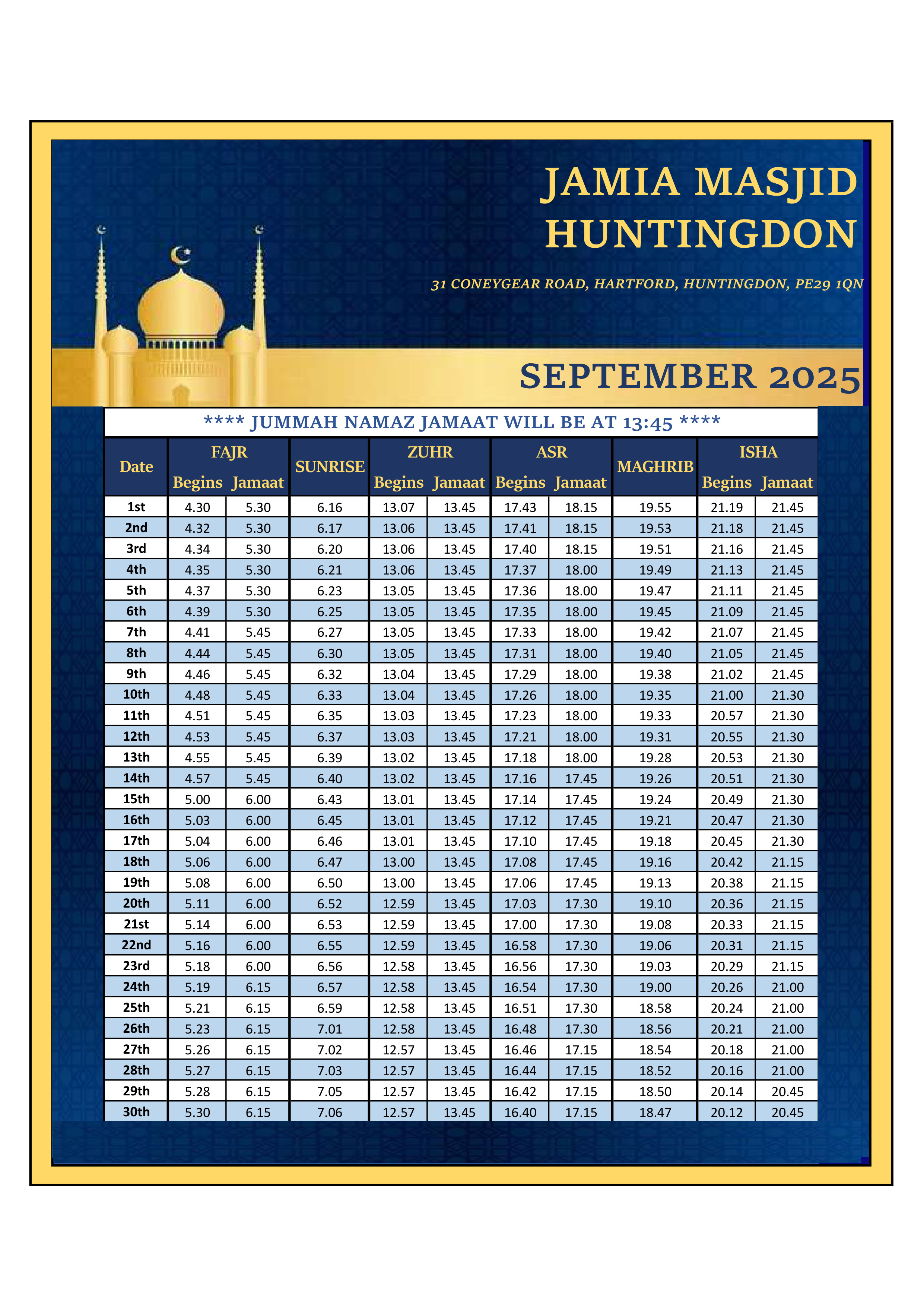 Prayer Timetable